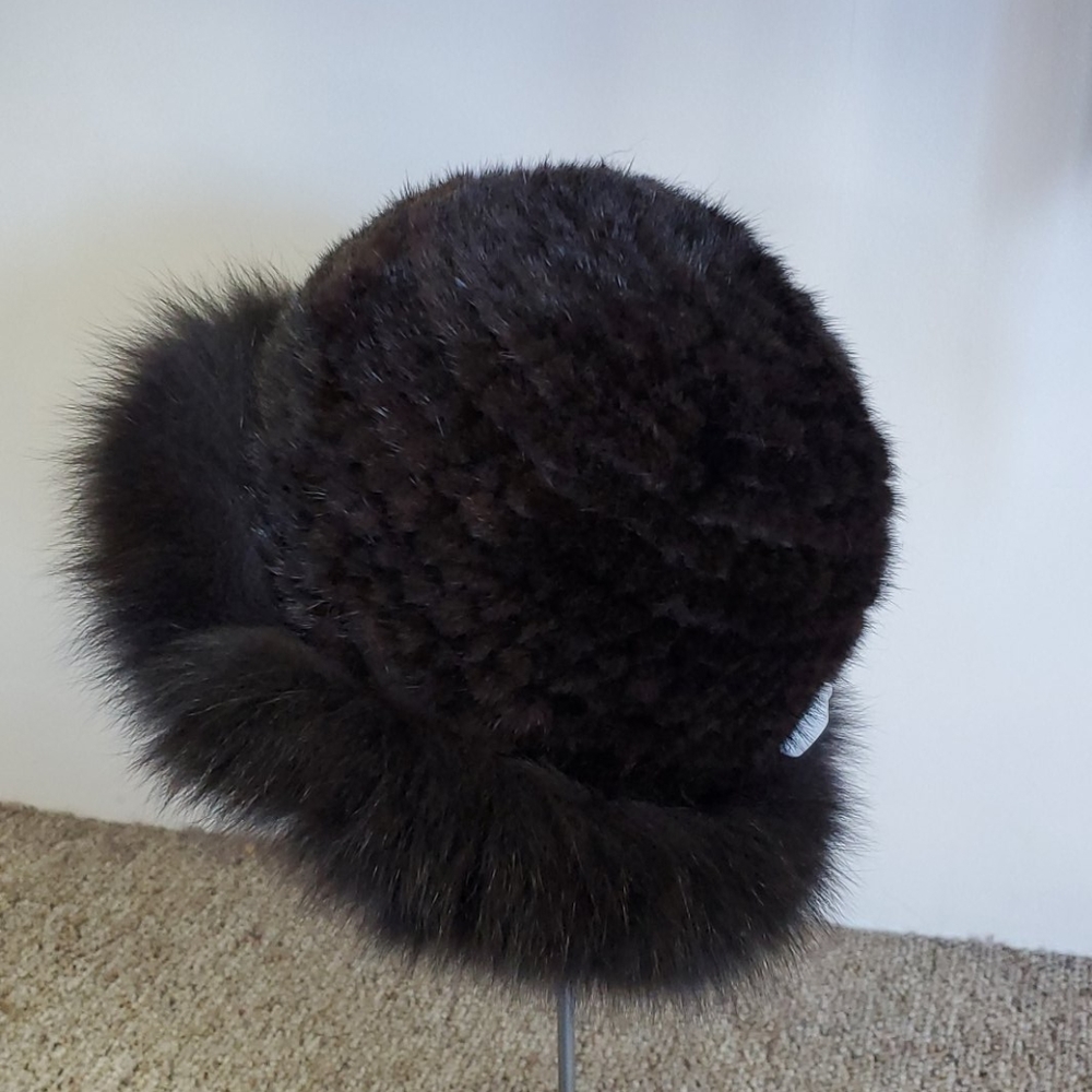 Brown Knitted Mink Fur Hat with Fox Fur Tr…
